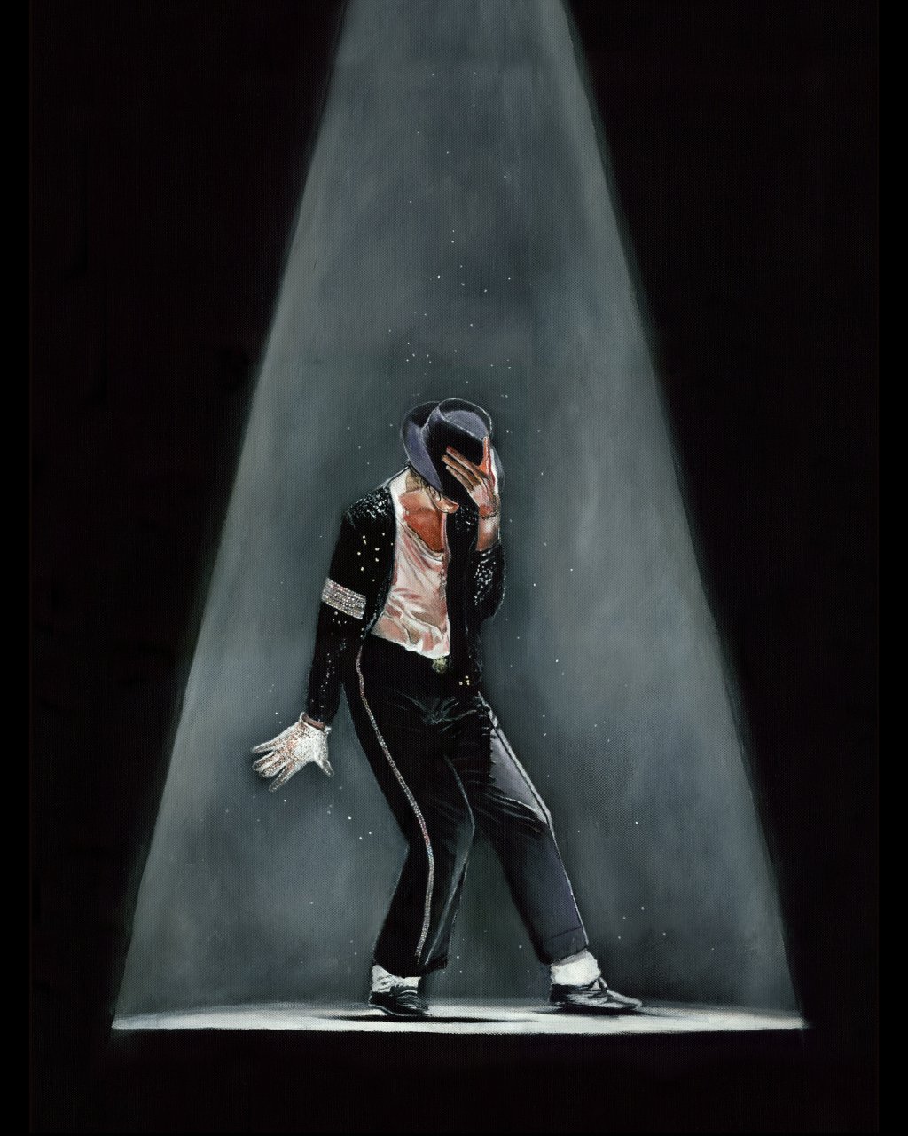 Michael Jackson dancing under a spotlight